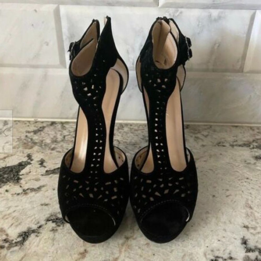 Delicacy Black Platform Sexy Peep Toe Ankle Strap T-Strap Stilleto